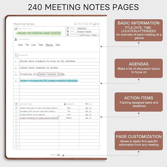 EMSHOI Meeting Notebook for Work with Sticky Tabs - 240 Pages, A4 Size Project Planner, PU Leather Meeting Agenda/Minutes Organizer for Women Men, Note Taking, Office & Business, 8.3"x11.7", Green