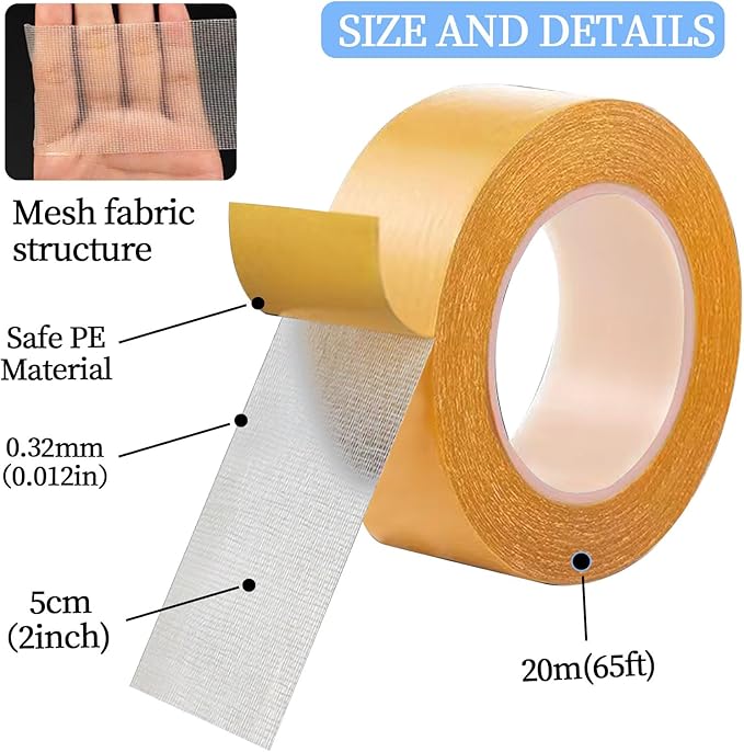 Double Sided Tape Heavy Duty 65ft, High Tack Strong Wall Adhesive Tape with Fiberglass Mesh, Removable Sticky Double Sided Mounting Type for Rugs, Carpets, Pictures and Art Crafts (2inch x 65ft)
