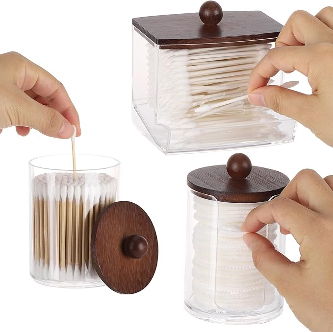 Tbestmax Bathroom Organizer Accessories Set-10 oz,7 oz Qtips Holder Storage with Bamboo Lids, Cotton Ball/Swabs Dispenser, Apothecary Jar 3 Pcs