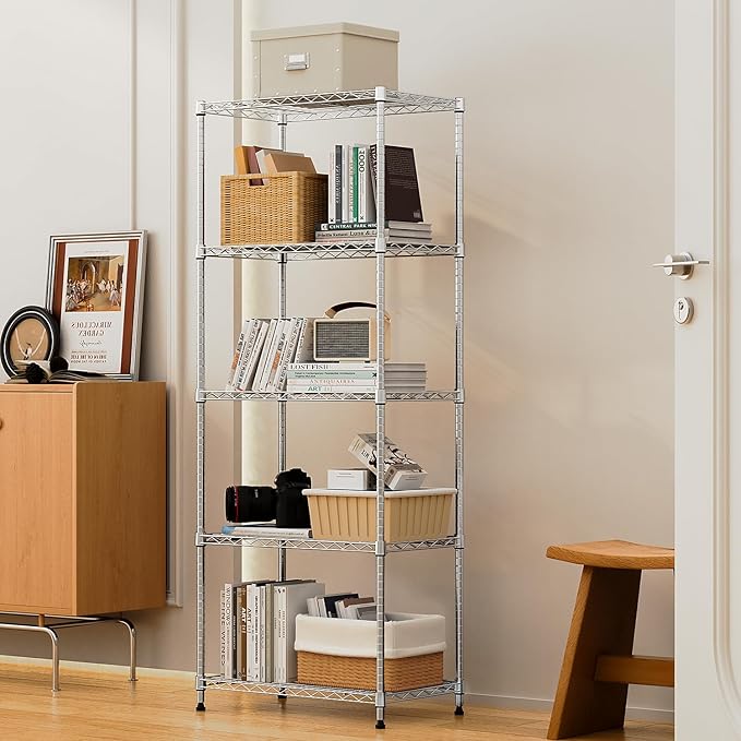 M MZG 1250 lbs 5 Tier Shelf Metal Storage Shelves Wire Rack Closet Organizers with Wheel for Garage Kitchen Bathroom Laundry Chrome 13.7" D x 23.6" W x 62.4" H