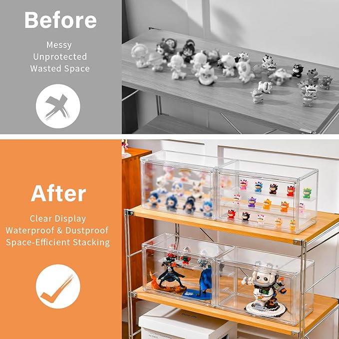 Freebat Clear Acrylic Display Case for Collectibles - 3-Tier Adjustable Figure Display with Magnetic Door & Removable Shelves,Stackable Dispaly Box for Figures - 2 Pack