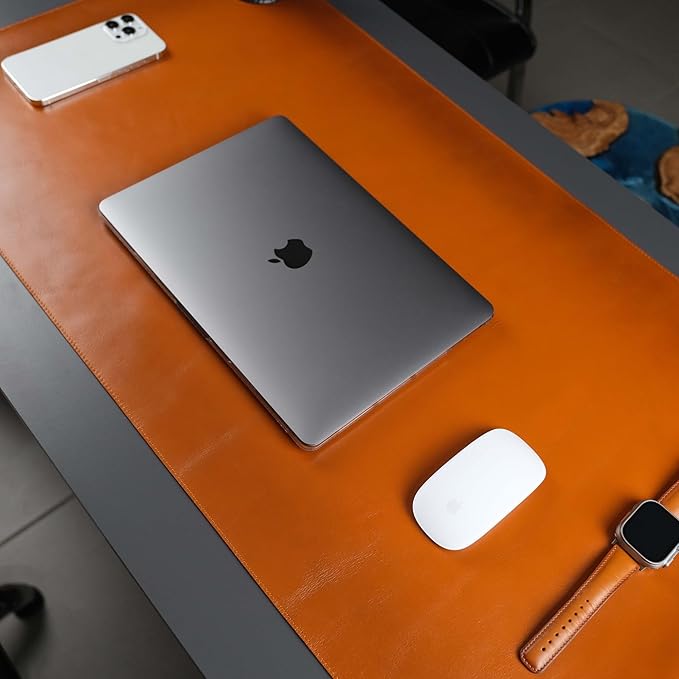 TORONATA Jersey Genuine Calfskin Leather Desk Pad, Office Desk Mat with Non-Slip Bottom, Smooth Surface for Mouse & Keyboard, Desk Protector (14.6x31.5 inches) (Tan)