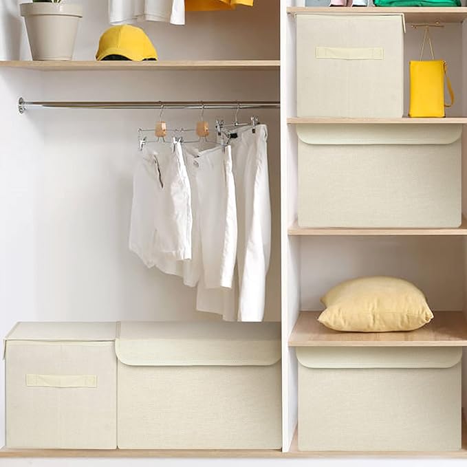 Bagnizer Large 42 Quarts Collapsible Stackable Storage Bins Cube with Lids [3-Pack] Foldable Fabric Linen Storage Boxes, Closet Organizer Baskets with Label for Home (16.7 x 12 x 12, Beige)