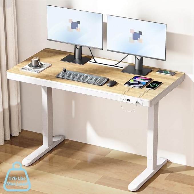 ERGO COLLECT Electric Standing Desk 48 Inch - One-Piece Desktop with Drawer, Cable Management, Wireless Charging & USB Port, Quiet Motor - for Home Office, Light Wood