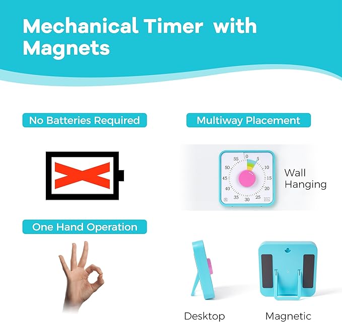 TWENTY5 SEVEN Countdown Timer 7.5 inch; 60 Minute 1 Hour Visual Timer – Classroom Teaching Tool Office Meeting, Mechanical Countdown Clock for Kids Exam Time Management Magnetic, Macaron Sky Blue