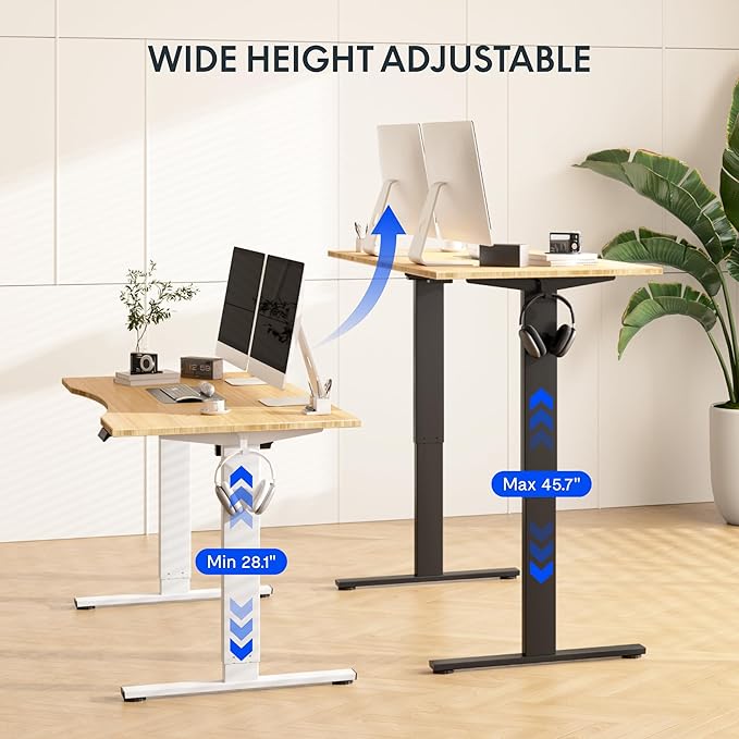 FLEXISPOT EN1 Bamboo Standing Desk, 60 x 30 Inches Whole-Piece Electric Adjustable Height Desk for Home Office (Black Frame + Bamboo Curved Desktop, 2 Packages)