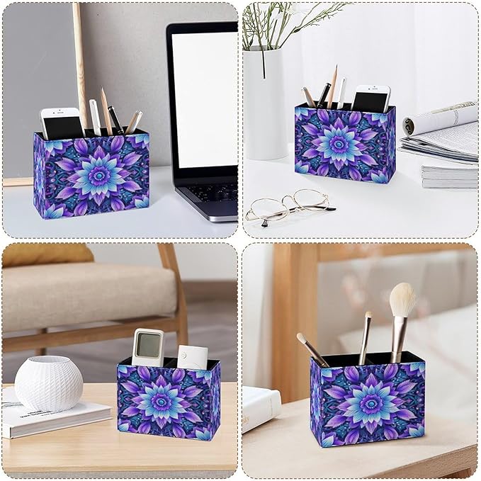 Famame Bohemian Style Mandala Print Pencil Holder for Desk, Leather Desktop Container Pen Cup Storage Study Table Pen Organizer Makeup Brush Holder for Classroom Office Home