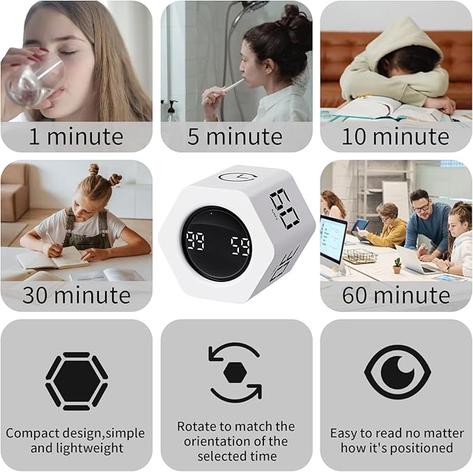 Productivity Timer Flip Gravity Sensor Cube Timer Countdown & Countup,Mute & Vibrate & Sound，5/10/30/60min & Custom Timing, Perfect for ADHD,Work,Learning,Kitchen Cooking (2, White Hexagon)
