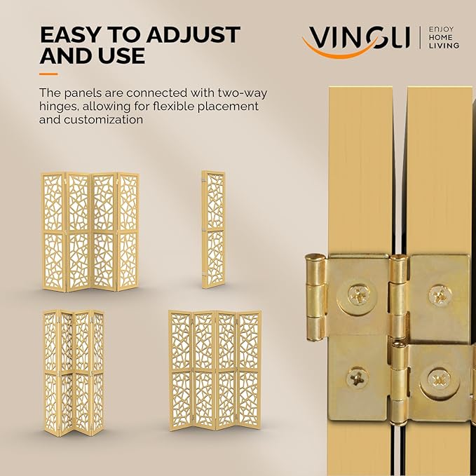 VINGLI 70'' H Room Divider, Non-Woven Fabric Privacy Screen, Indoor Partition Wall Dividers, Freestanding Hinged Space Separator with Modern Unique Pattern (Gold, 4 Panel)