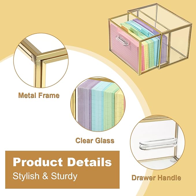 BTSKY Golden Glass Index Card Organizer Box, 3x5 Inch Index Cards Holder with Drawer, Flash Card Storage Holder, Recipe Notecard Box for Office Desk Photo Case Business Cards and Study Note Cards