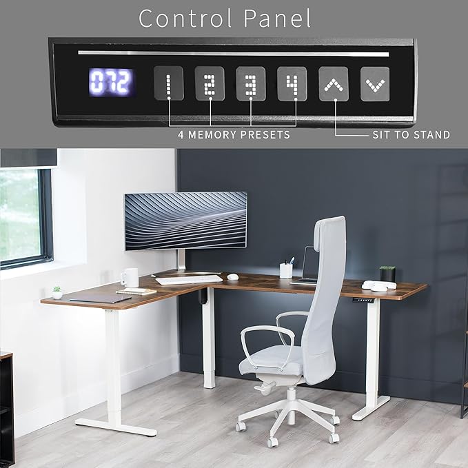 VIVO Electric Corner 75 x 63 inch L-Shaped Standing Desk, Memory Height Adjustment, Rustic Vintage Brown Top White Frame, DESK-E3CTWN-75