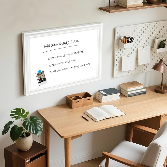 White Board for Wall, 24'' x 18'' Magnetic Dry Erase Board, Decorative Whiteboard with Plain White Wooden Frame, Hanging Writing Board for Home Office School Dorm