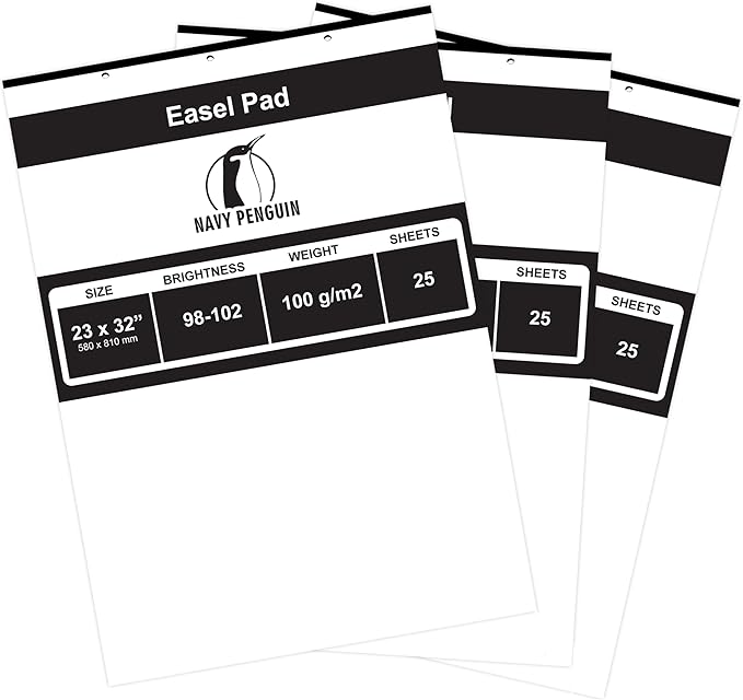 Navy Penguin Easel Pad 23x32-3 Pack (75 Sheets) - Flip Chart Paper, 25 Sheets/Pack, Plain White, Poster Flipchart 100 gsm - Large Drawing Pad for Home, Office, Craft, Art, Presentation