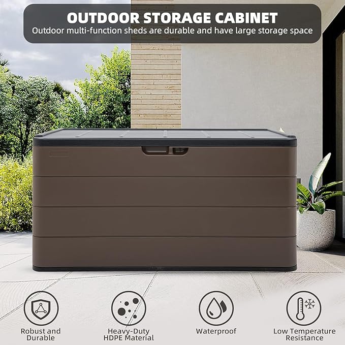 TARKARI Premium Pro Edition 100 Gallon Lockable Resin Deck Box, Waterproof & UV-Resistant Outdoor Storage Box for Outdoor Cushion Storage, Garden Tools & Pool Accessories Storage, Brown