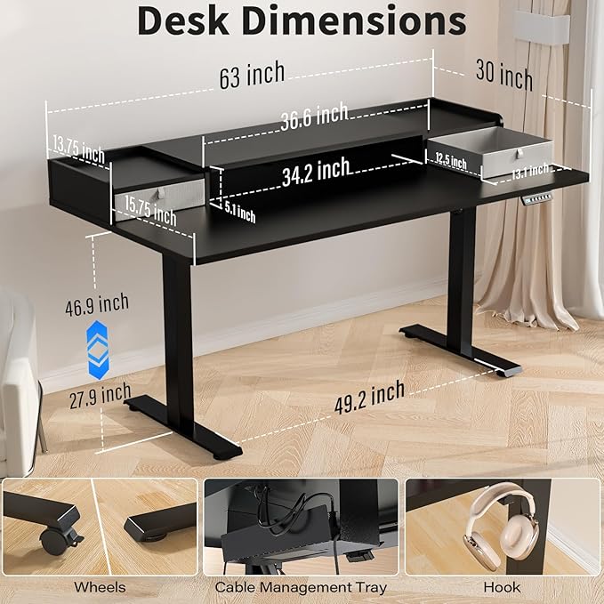 Kingant 63 x 30 Inch Electric Standing Desk with Dual Drawers, Adjustable Height Computer Desk for Home Office, Large Workstation Sit Stand Up Desk with Built-in Storage Shelf, Black