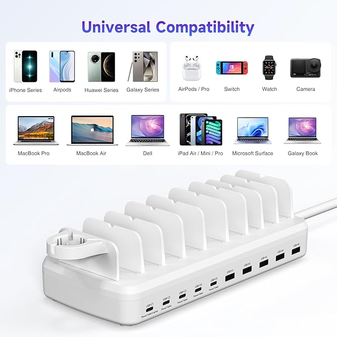 285W Charging Station for Multiple Devices, 10 Ports Fast Multi-Device Charger Organizer Compatible with MacBook Pro Laptop, iPhone, Android, Ipad, Tablet, Kindle, Family Multi-Device Charging Dock