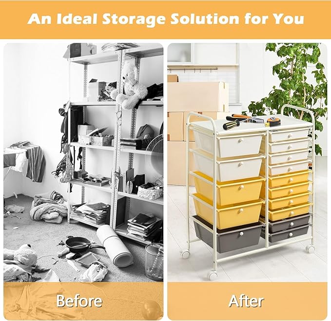 LDAILY 15 Drawer Rolling Storage Cart, Rolling Cart with Drawers for Classroom, Art Supply Craft Organizer on Wheel with Metal Frame & Handles for Home Office School