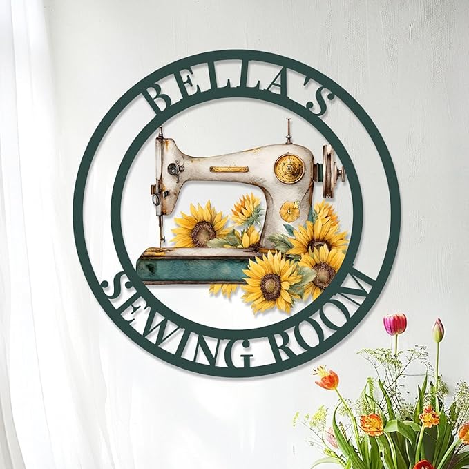 Custom Sewing Room Wall Decor Sign, Personalized Sunflower Sewing Machine Craft Room Sign Unique Home Decor Quilting Metal Wall Art, Customized Last Name Sign for Mom Grandma Nana Gift