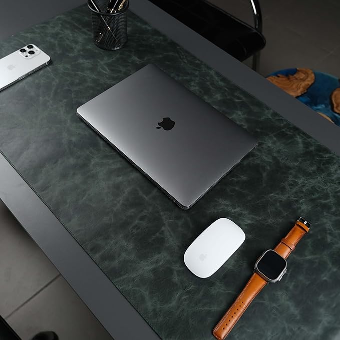 TORONATA Jersey Genuine Calfskin Leather Desk Pad, Office Desk Mat with Non-Slip Bottom, Smooth Surface for Mouse & Keyboard, Desk Protector (36x19 inches) (Dark Green)