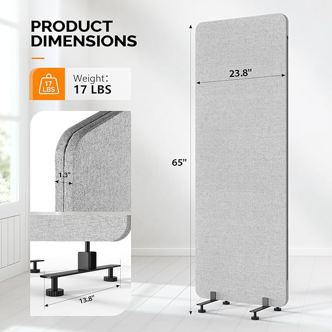 VINGLI Room Divider Screen, Freestanding Privacy Partition Wall, Zipper Connected Panels with Wheels, Office Space Separator (Light Gray, 1 Panel)