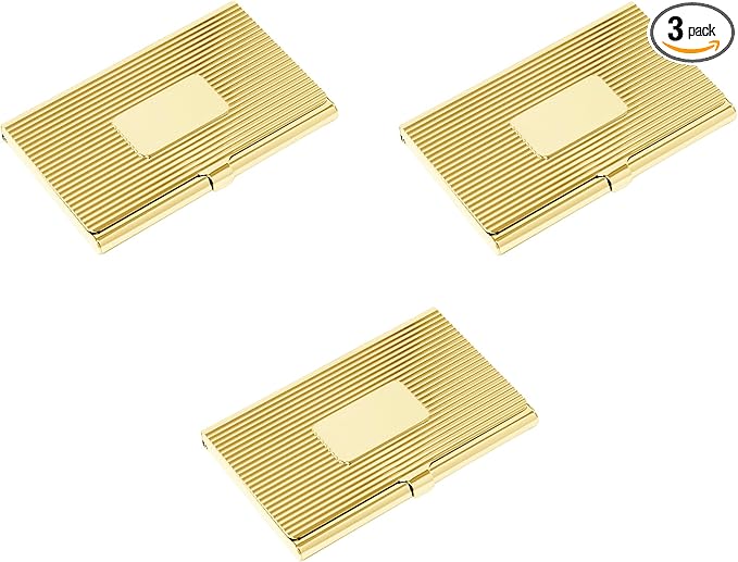 Stephanie Imports Set of 3 Slim & Minimalist Metal Business Card Holder Unisex Case (Gold Plate Ridges)