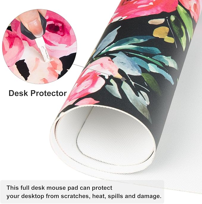 QIYI Large Mouse Pad, Floral Desk Mat for Desktop, Women Girls Watercolor Pink Flowers Office Décor Desk Accessories, PU Leather Waterproof Gaming Mousepad, Black Desk Pad Computer Mat, 31.5" x 11.8"