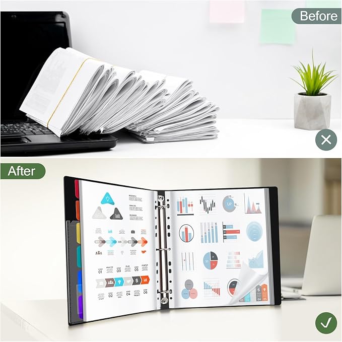 Uquelic 50-Pocket Binder with Plastic Sleeves for Letter/A4 Size(11" x 8.5"), Golden Rose Printed Cover, Document Binder Organizer for Papers, Certificates and Artwork with Rainbow PP Divider Pages