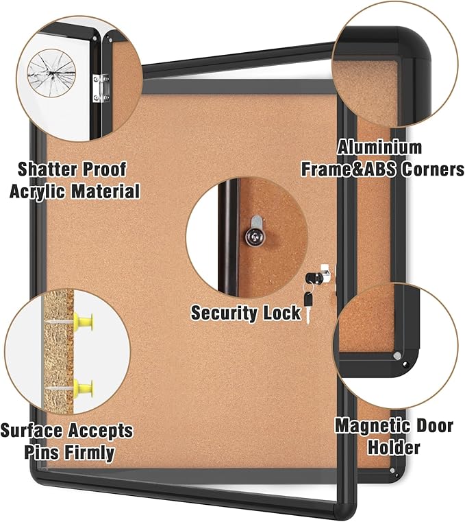 Mifuro 28"x26" Enclosed Bulletin Board, Lockable Weather-Resistant Aluminum Cork Noticeboard for School & Office, Black Frame w/Cork