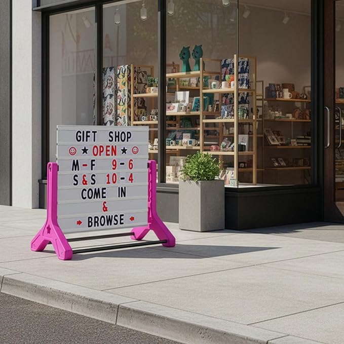 Swinging Changeable Message Sidewalk Sign 36″ x 37″ – Outdoor Advertising Sign Board with 792 Pre-Cut Double-Sided Letters & Storage Box – Heavy-Duty, Rust-Resistant Sidewalk Display for Businesses & Events (Pink Legs)