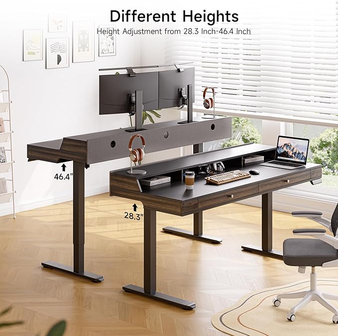 ONBRILL Standing Desk with Drawers, 55x23.6 Inch Electric Stand Up Desk with Storage Shelf and Memory Controller, Sit Stand Desk Adjustable Height from 28-46 Inches for Computer Workstation, Black