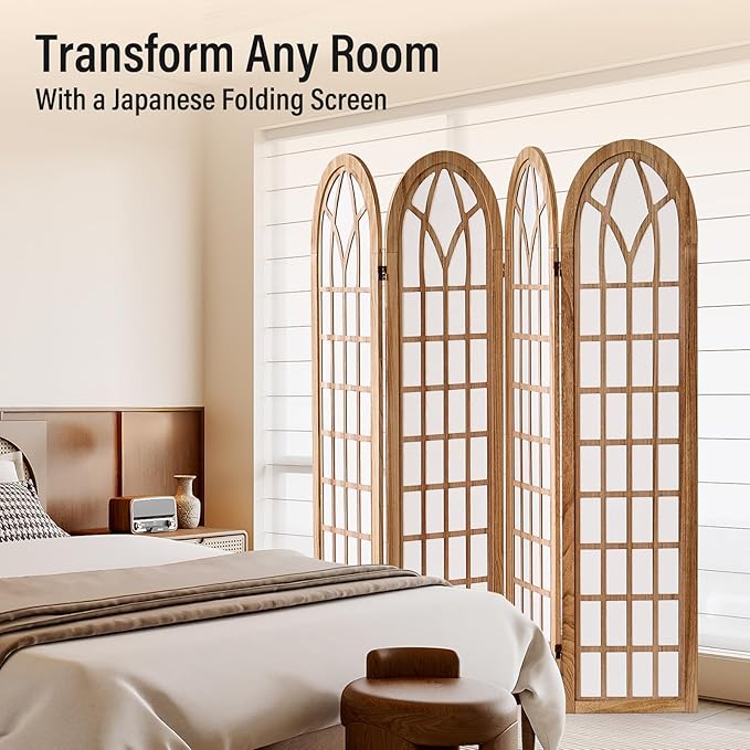 ALeesing Folding Room Divider Privacy Screen Freestanding 4-Panel Shoji Style Wooden Frame Decorative Partition Wall for Bedroom Office Apartment Natural