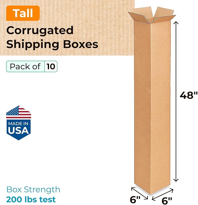 Tall Moving & Shipping Boxes 6x6x48 inches (10-Pack) - Extra Strength 200 lb vs Regular - Corrugated Durable Packing Boxes - Cardboard Box Moving Stuff - Eco Shipping Box by IDL Packaging