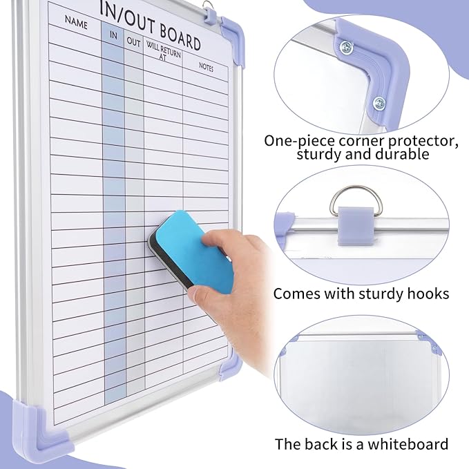 2 PCS in and Out Magnetic Dry Erase Boards 16" x 12", Aluminum Framed Lined Whiteboard with Eraser and 20 Magnets, Wall Mounted Employee Students in Out Board for Office & School Management
