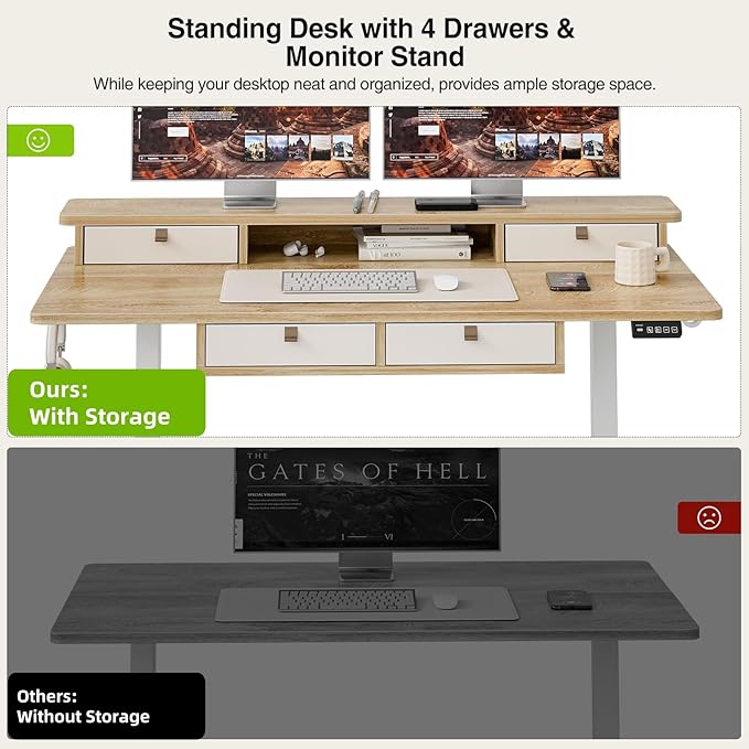 Grandder 55 x 28 inch Electric Standing Desk with 4 Drawers, Sit Stand Up Desk Adjustable Height with Storage Shelf for Home Office Ergonomic Adjustable Desk with Splice Board, Oak