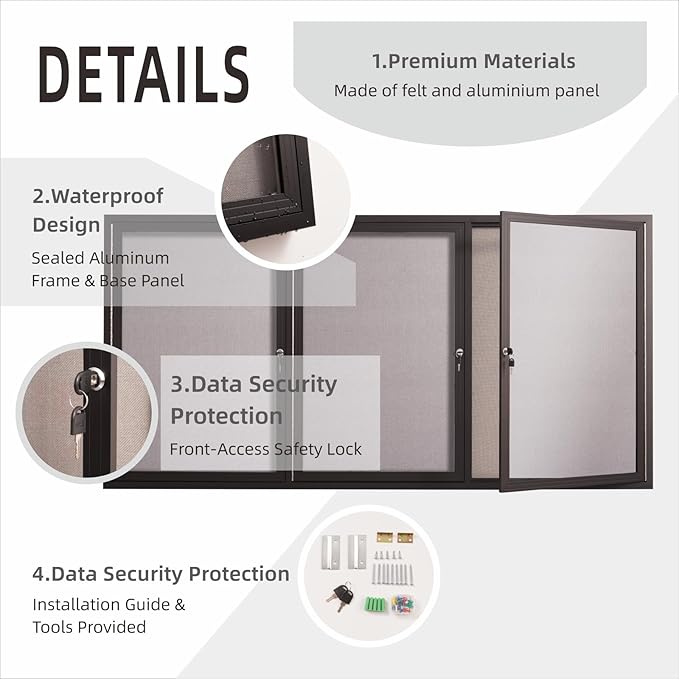 71×36 Inch Lockable Enclosed Bulletin Board, Weather-Resistant Outdoor Noticeboard with Locking Doors, Wall-Mounted Black Aluminum Frame & Grey Felt Presentation Board
