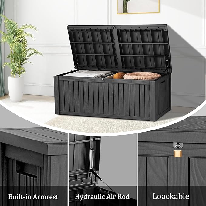 Yardgrace 210 Gallon Outdoor Storage Box - Waterproof Patio Deck Box for Outside Deliveries, All-Weather Resin Bin with Lock for Cushions & Tools, Black