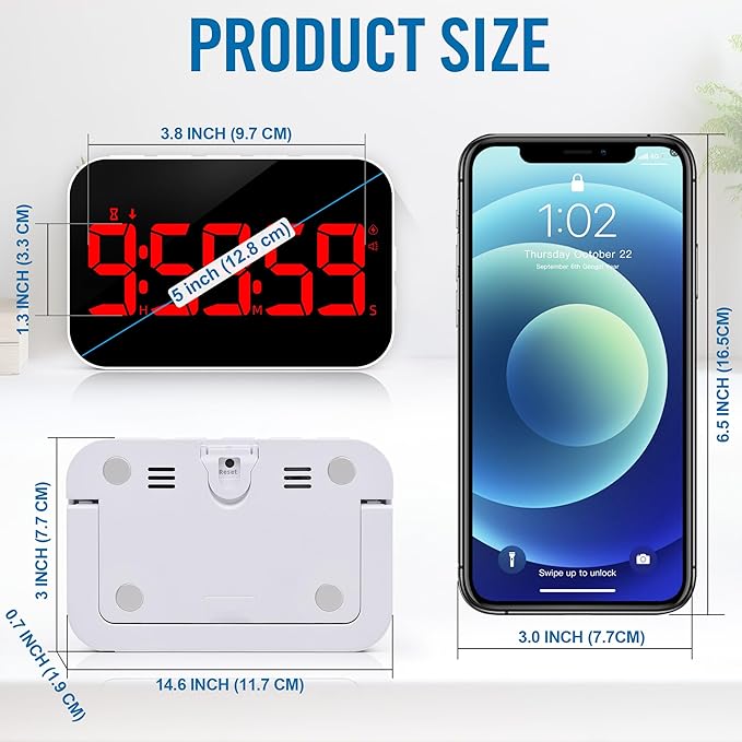 Kitchen Digital RED Timer, Count Down Up, Rechargeable, Vibration Mode Adjustable Volume and Brightness LED Display, Time Management Cook, Desk