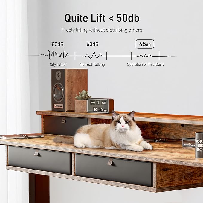 FEZIBO 55'' x 30'' Electric Standing Desk with 4 Storage Drawers, Adjustable Height Computer Table with Monitor Shelf, Stand Up Desk for Study, Gaming, Workstation, Rustic Brown Top