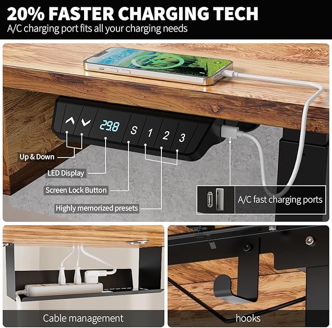 Kingant 48 x 30 Inch Electric Standing Desk with 4 Drawers, Adjustable Height Computer Desk for Home Office, Large Workstation Sit Stand Up Desk with Built-in USB A/C Ports, Light Rustic Brown