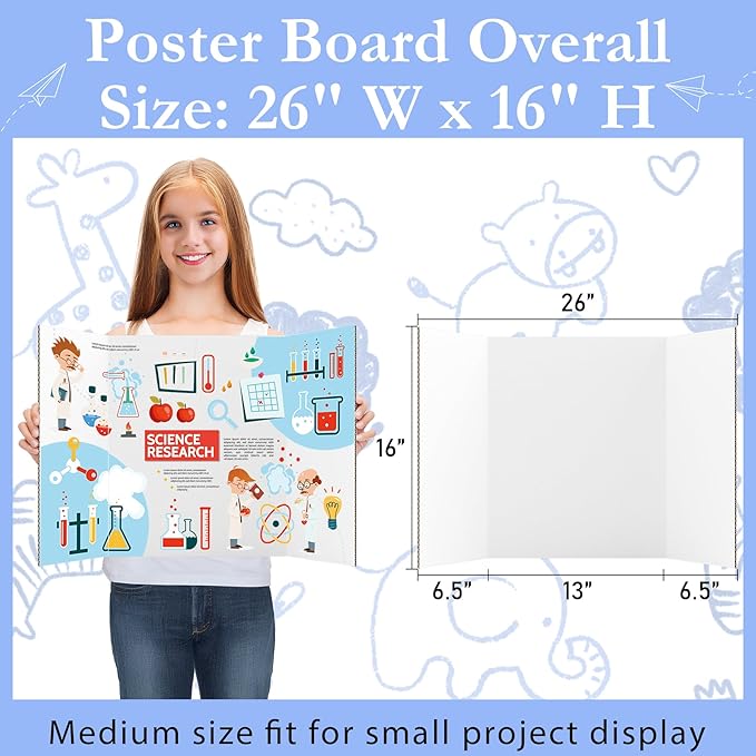 AKONEGE 6 Pack Medium Trifold Poster Board, 26" x 16" White Corrugated Cardboard Tri Fold Poster Boards for Presentation, School Projects, Science Fair, Photo Display Exhibitions Event
