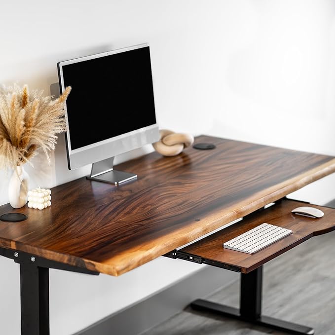 Standing Desk with Keyboard Tray – Walnut Solid Wood Desk, Natural Live Edge, Adjustable Height Dual Motor, Sit Stand for Home Office (Black, W60 x D27)