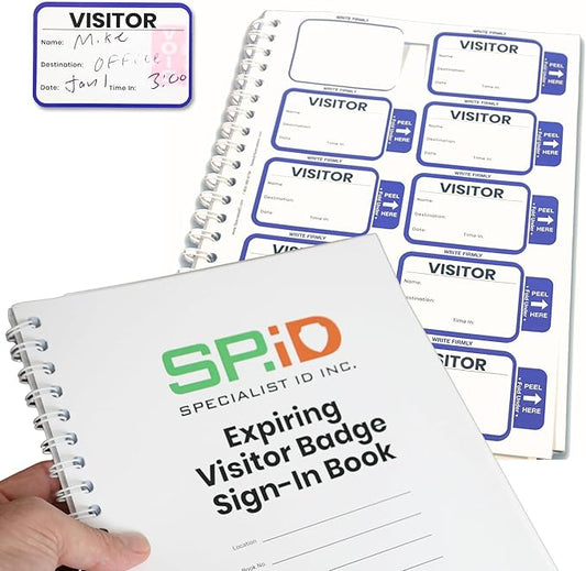 Specialist ID Visitor Log Book for Business or Schools - Expiring Visitor Sticker Badges and Sign in Book with Carbon Copy Record Keeping for Guest Tracking - Spiral Binder Registry (200 Badges)