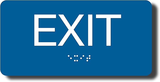 NAP TAGS ADA-compliant Exit Sign (6" x 3"). Features raised text and Braille on a blue background. Durable, easy to install, and perfect for any indoor facility.