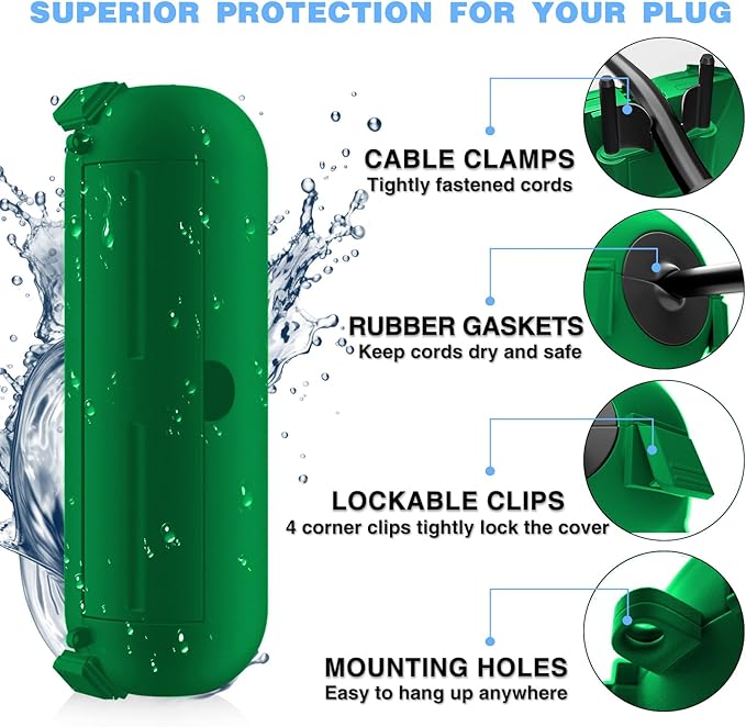 Flemoon [6 Pack] Outdoor Extension Cord Safety Cover with Waterproof Seal, Weatherproof Electrical Connection Box to Protect Outdoor Outlet, Plug, Socket, Christmas Holiday Decoration Light, Green