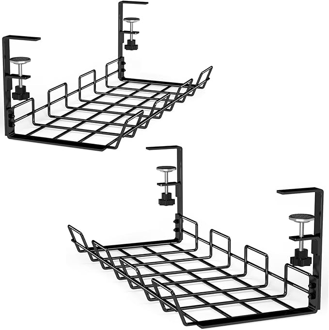 NoDrill 2 Pack 15.7" Under Desk Cable Management Tray, Sturdy Metal Cord Organizer for Office & Home Standing Desk