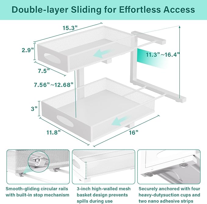 Beleeb Under Sink Organizer, Extra-Wide Upgrade, 2 Pack 2 Tier Metal Slide Out Cabinet Organizer, Height Adjustable Organization and Storage Series, Bathroom/Cabinet/Kitchen organization, White