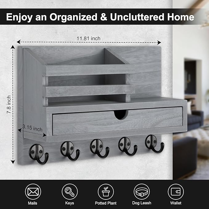 Lucundm Key Holder Wall Mount, Mail Holder with Storage Drawer and 5 Key Hooks for Coat, Dog Leash, Home Decor Rack, House Accessories, Entry Way Organizer (Gray)