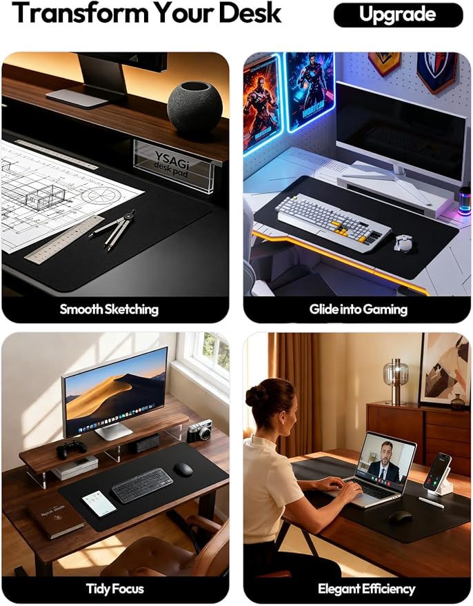YSAGi Leather Desk Protector, Office Mat, Large Mouse Mat, Non-Slip PU Leather Blotter, Laptop Desk Pad, Waterproof Writing Pad for Office and Home (Black, 47.2" x 23.6")