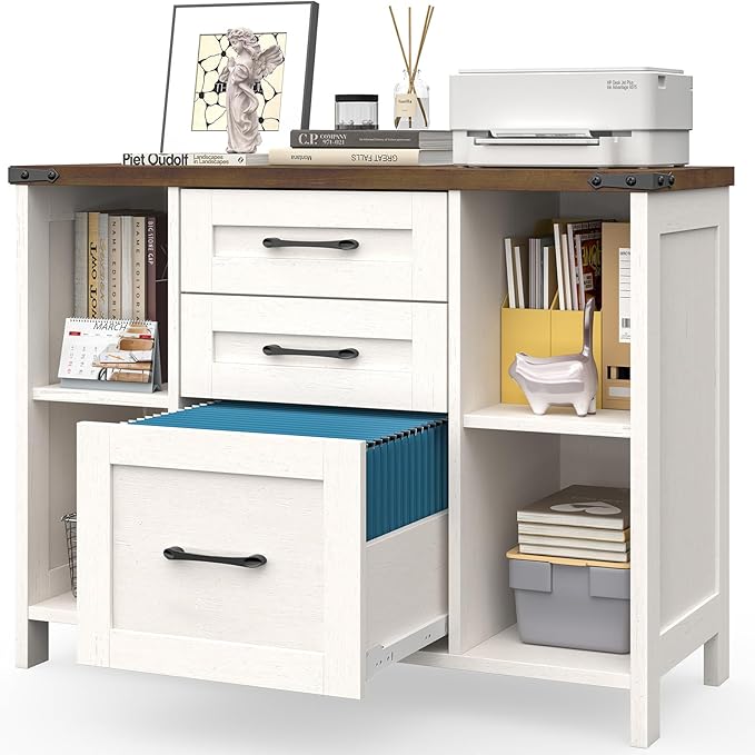 Vabches File Cabinet with 3 Drawers, Farmhouse Lateral File Cabinet Fits Files Letter/A4 Size, Wooden Filing Cabinet with Adjustable Shelves Printer Stand for Home Office, White