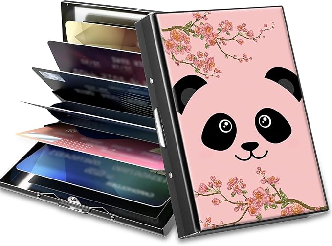 BWEGRHE Slim Credit Card Holder, Panda Sakura RFID Blocking Metal Wallet for Men & Women, Aluminum Minimalist Hard Case Pocket-Sized Business Cards Organizer (Fits Up to 10 Cards)